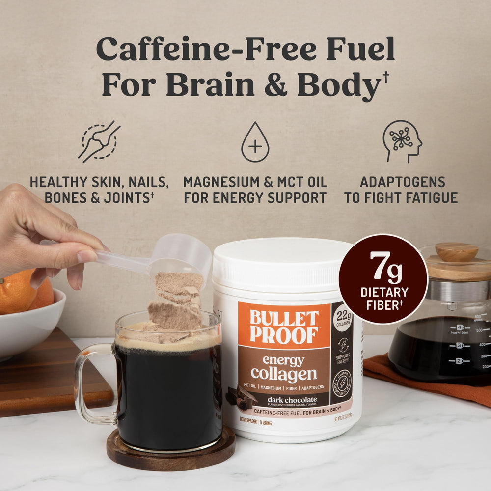 Bulletproof Dark Chocolate Energy Collagen Protein blended into coffee offers a smooth, caffeine-free option