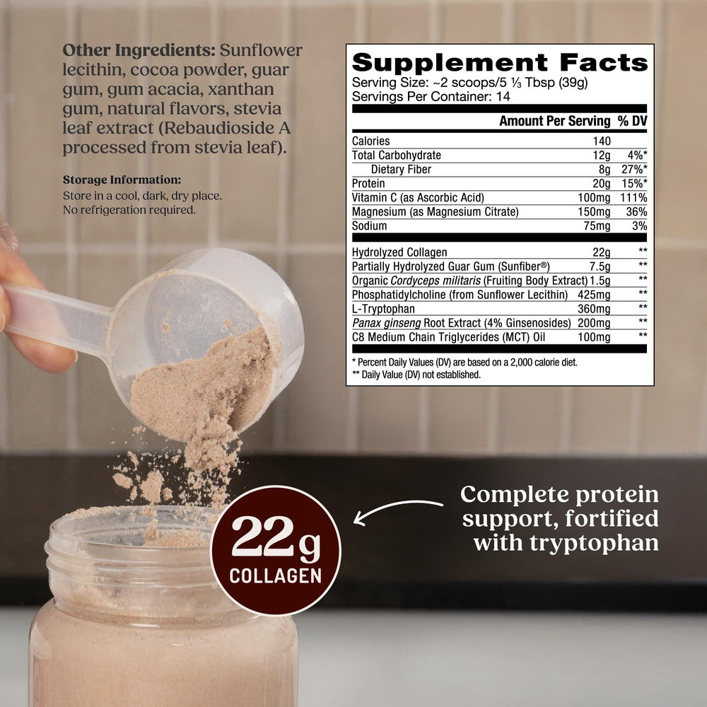 Bulletproof Dark Chocolate Energy Collagen Protein mixed in water reveals a creamy texture and easy mixing
