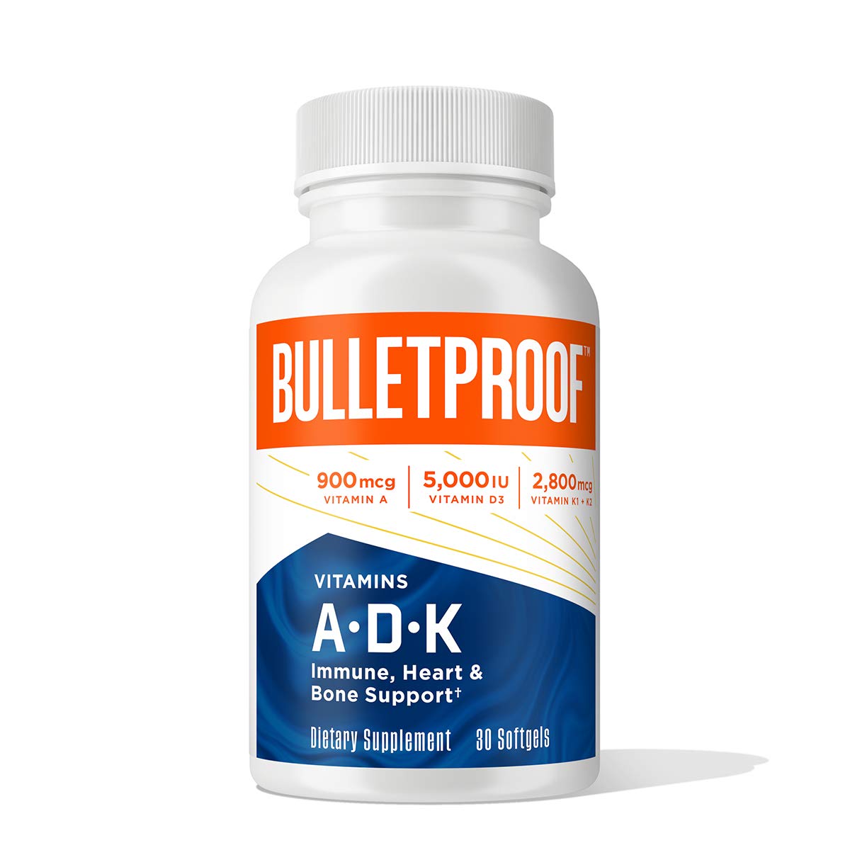 Bulletproof vitamins A-D-K softgels bottle front for immune and bone support.