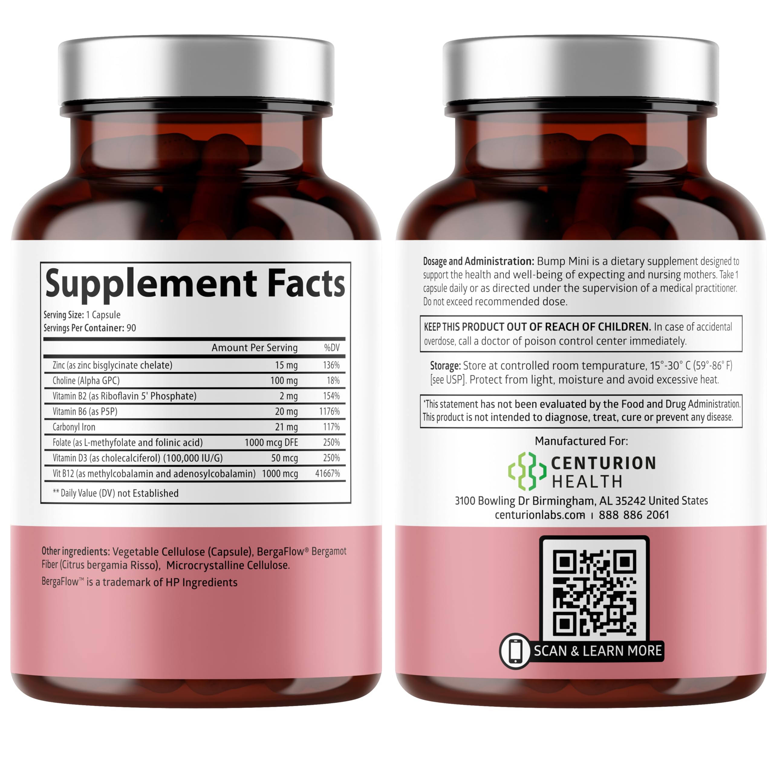 Close-up of Bump Mini prenatal vitamin capsules