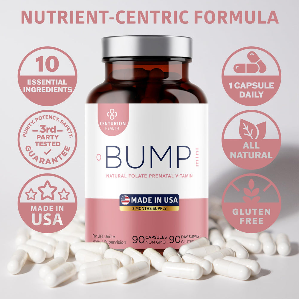 Expectant mother holding a bottle of Bump Mini prenatal vitamins