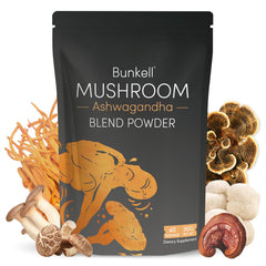 Bunkell Ashwagandha Mushroom Powder bottle with front label