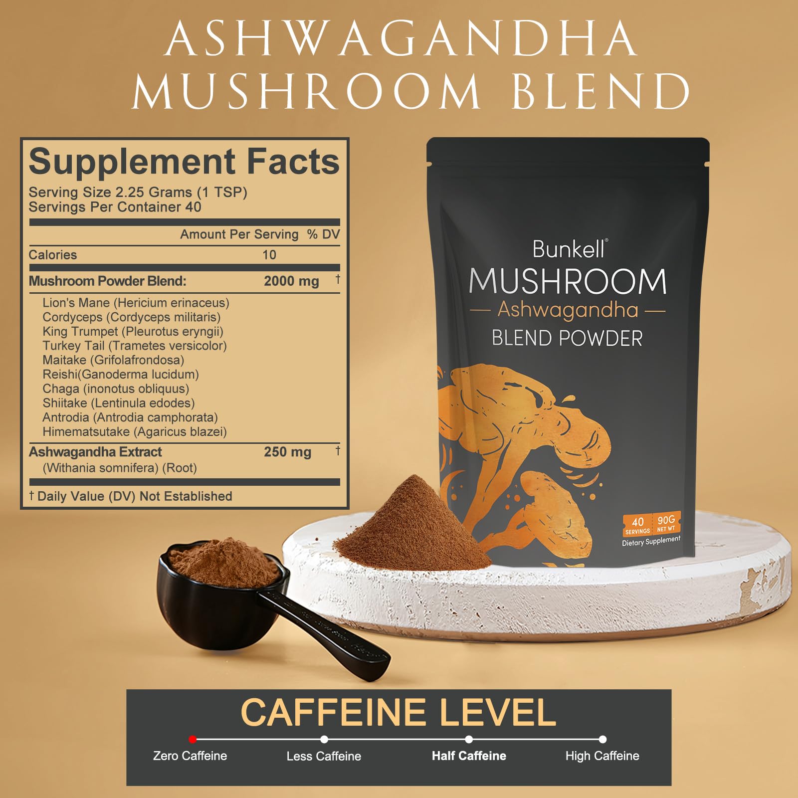 Close-up of the product label highlighting the 10 mushroom blend
