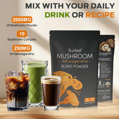 Product packaging and label of Bunkell Ashwagandha Mushroom Powder