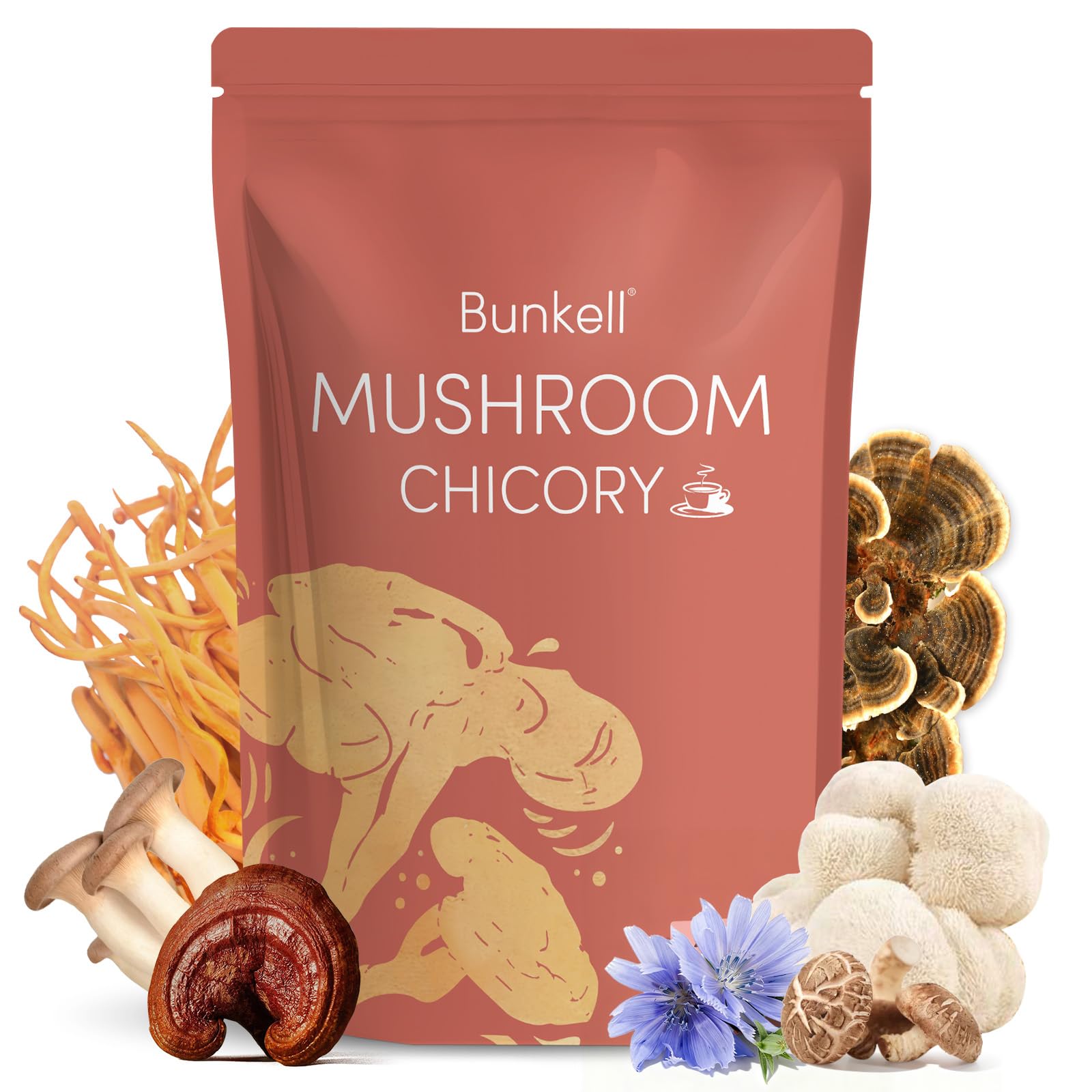 Jar of Bunkell Mushroom Chicory adaptogenic powder with six mushrooms