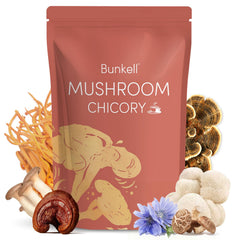 Jar of Bunkell Mushroom Chicory adaptogenic powder with six mushrooms
