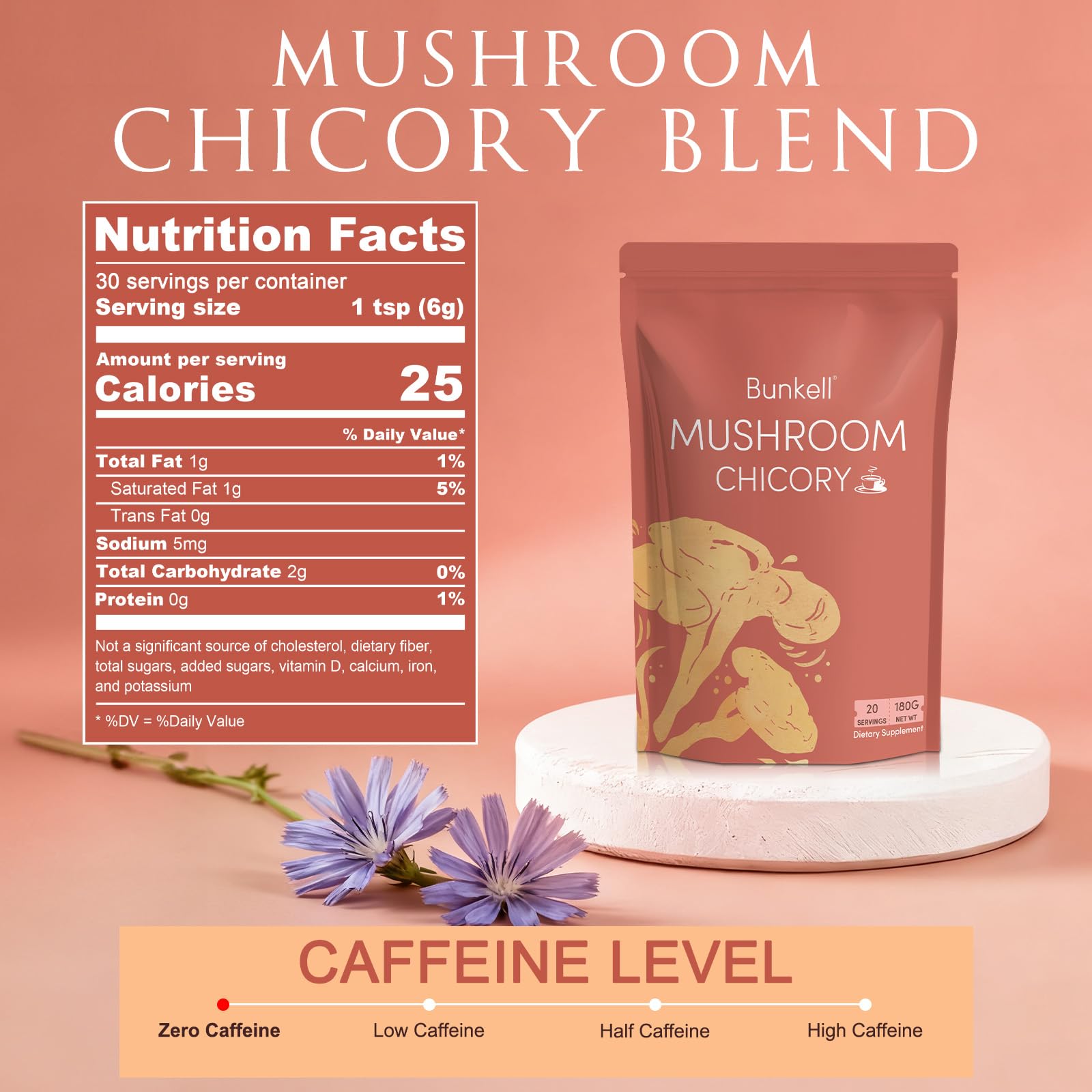 Scoop of mushroom chicory powder being prepared in a cup