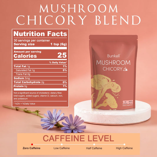 Scoop of mushroom chicory powder being prepared in a cup