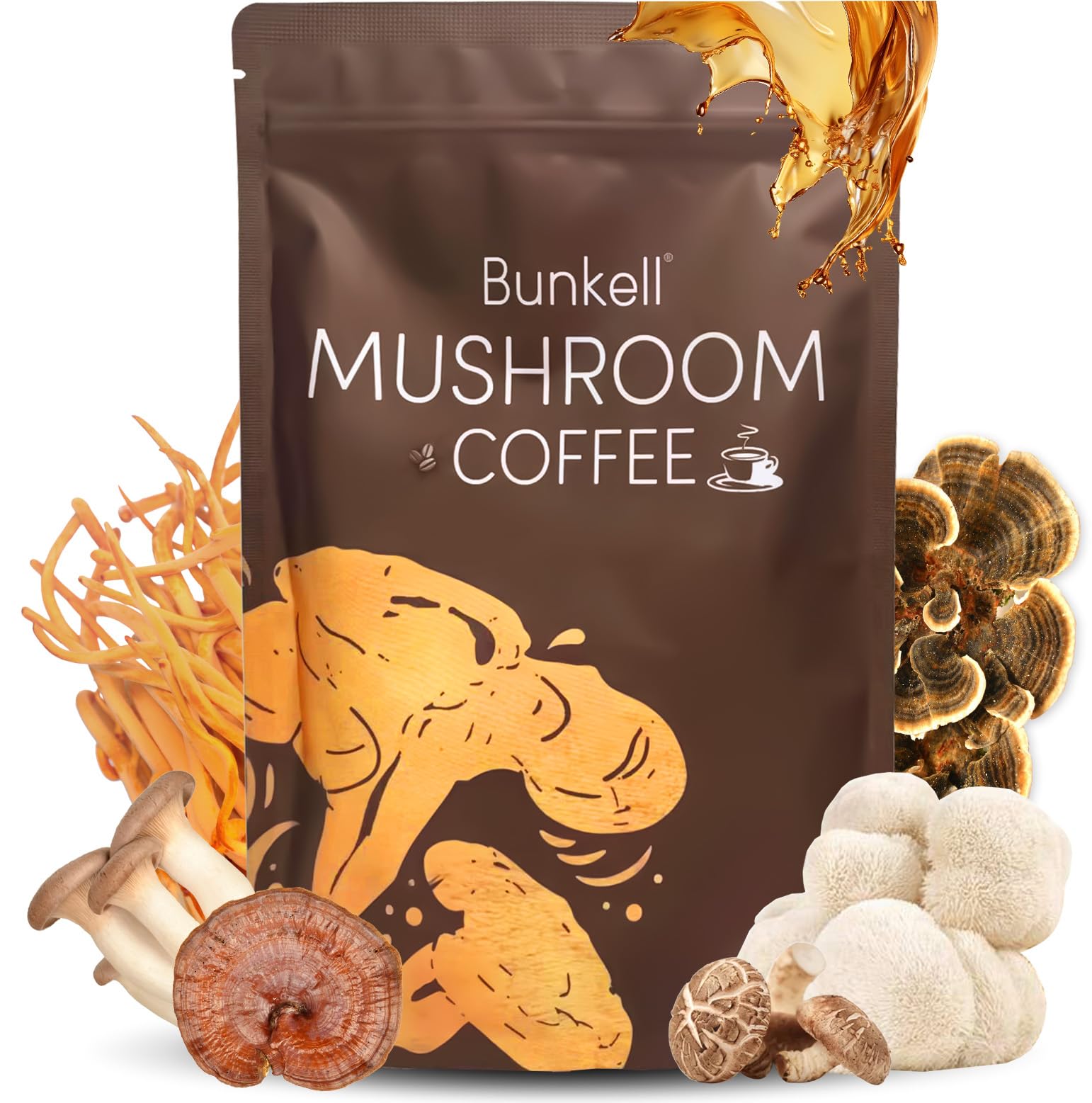 Bunkell Mushroom Coffee packaging featuring six-mushroom blend