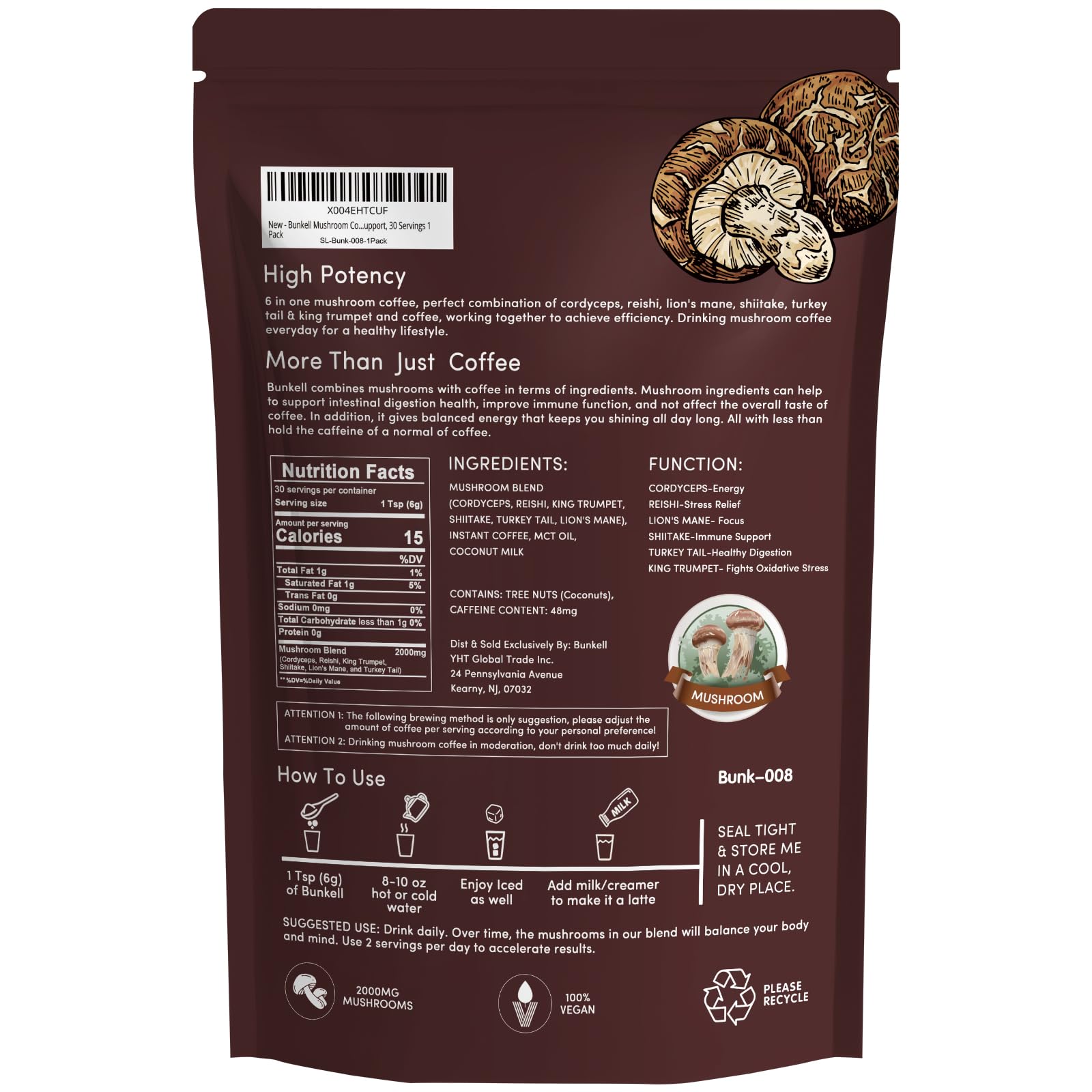 Lifestyle shot of Bunkell Mushroom Coffee product on a countertop