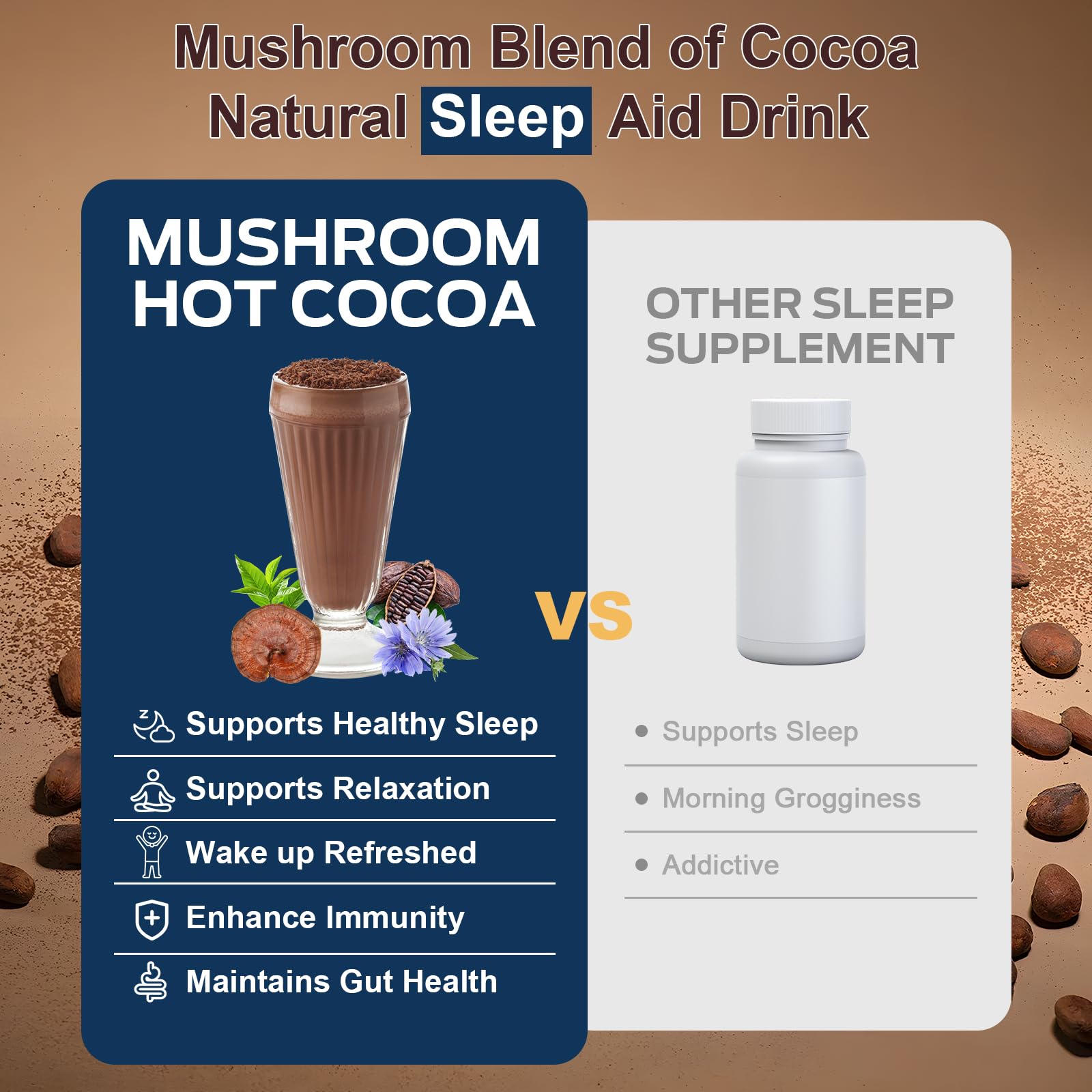 Close-up of ingredients in the blend including cocoa powder and mushrooms