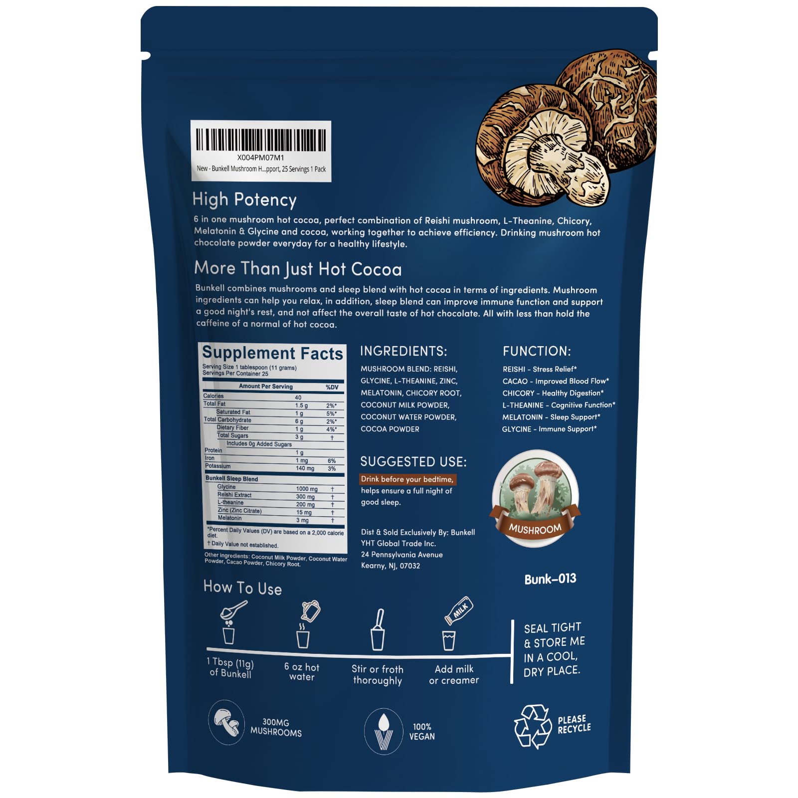 Packaging of Bunkell Mushroom Hot Cocoa with 25 servings per bag