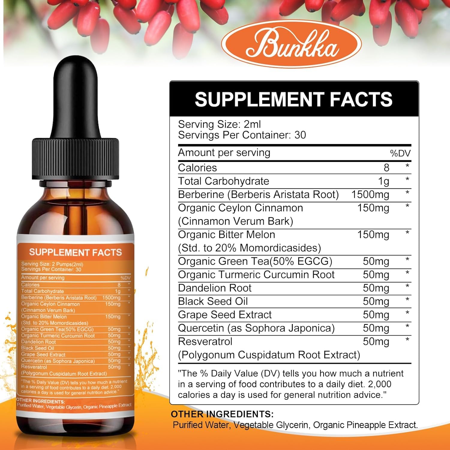 Label showing Bunkka Berberine Liquid Drops 2-pack