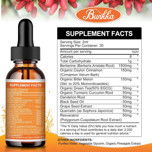 Label showing Bunkka Berberine Liquid Drops 2-pack