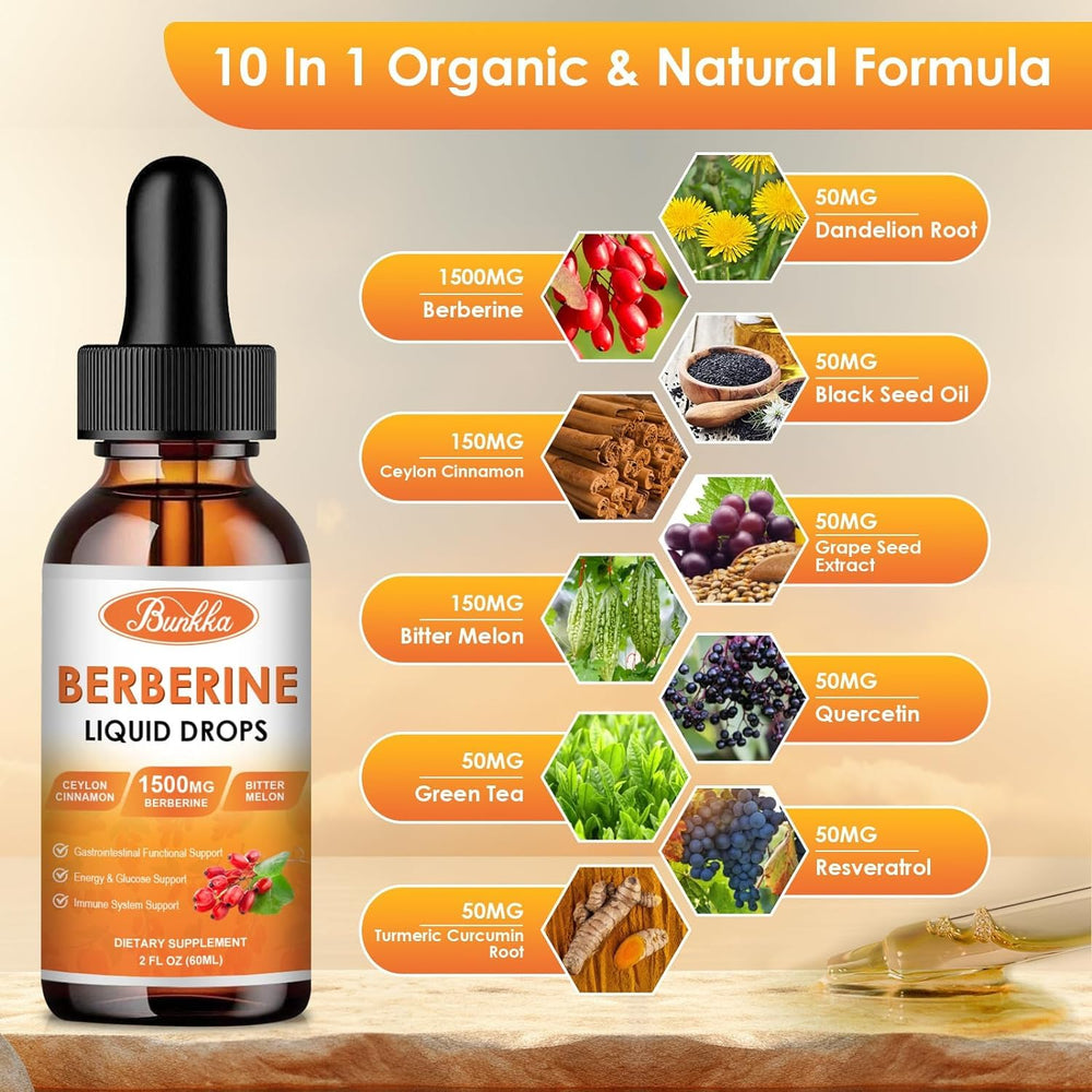 4 fl oz amber bottle of Bunkka Berberine Liquid Drops