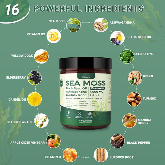 Buporai Sea Moss Gummies bottle and label
