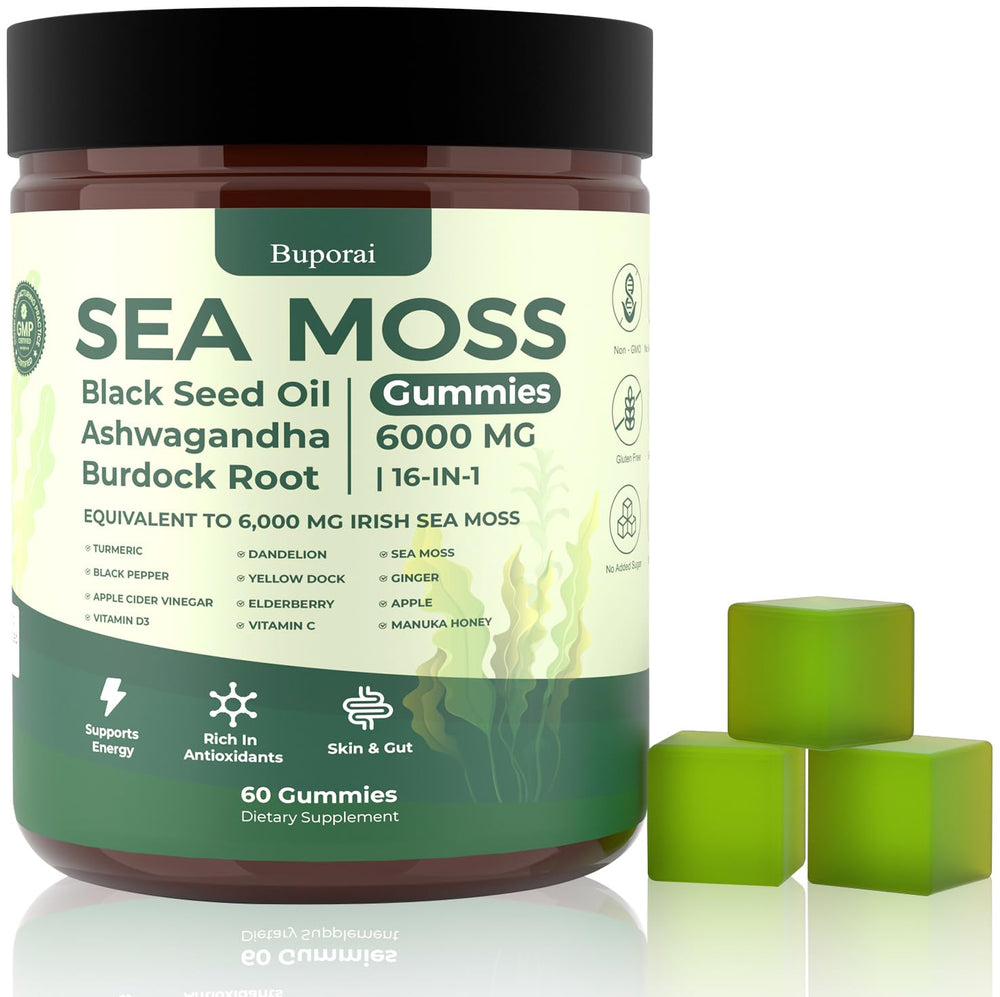 Front view of Buporai Sea Moss Gummies bottle