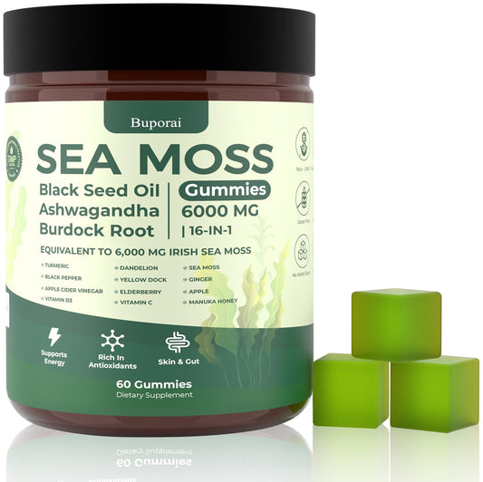 Front view of Buporai Sea Moss Gummies bottle