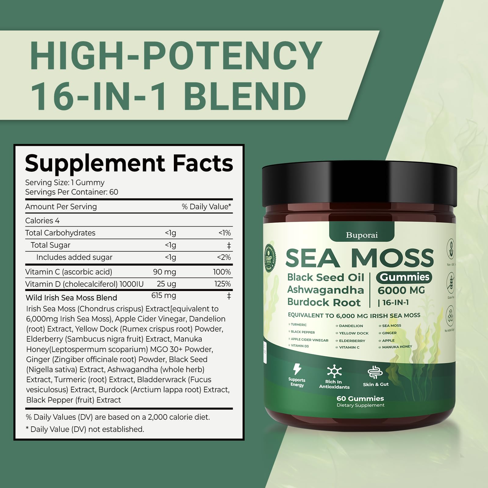 Ingredients and nutritional information for Buporai Sea Moss Gummies