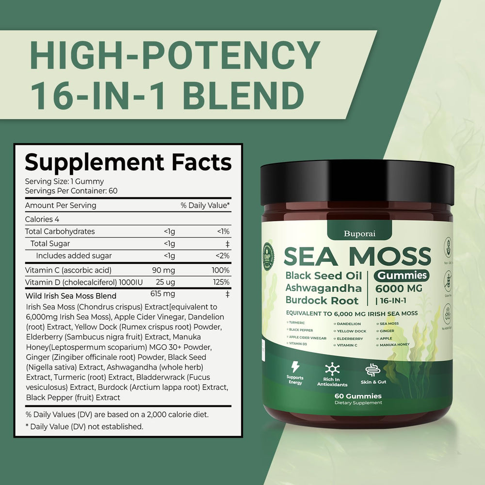 Ingredients and nutritional information for Buporai Sea Moss Gummies