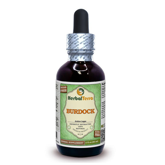 Herbal Terra Burdock glycerite bottle with Organic Dried Root, 2 oz