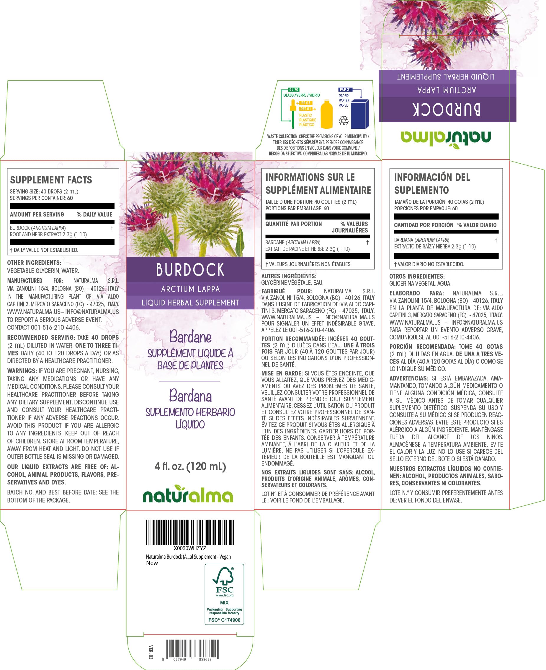 Burdock root and herb extract drops bottle