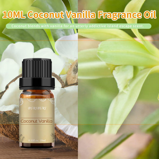 Packaging includes 10ml coconut vanilla essential oil in amber glass