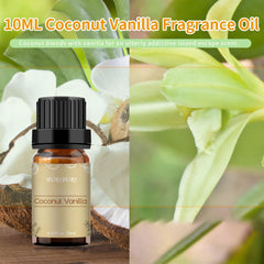 Packaging includes 10ml coconut vanilla essential oil in amber glass