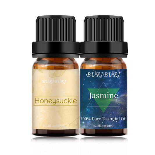 BURIBURI Honeysuckle and Jasmine essential oil set packaging and bottles