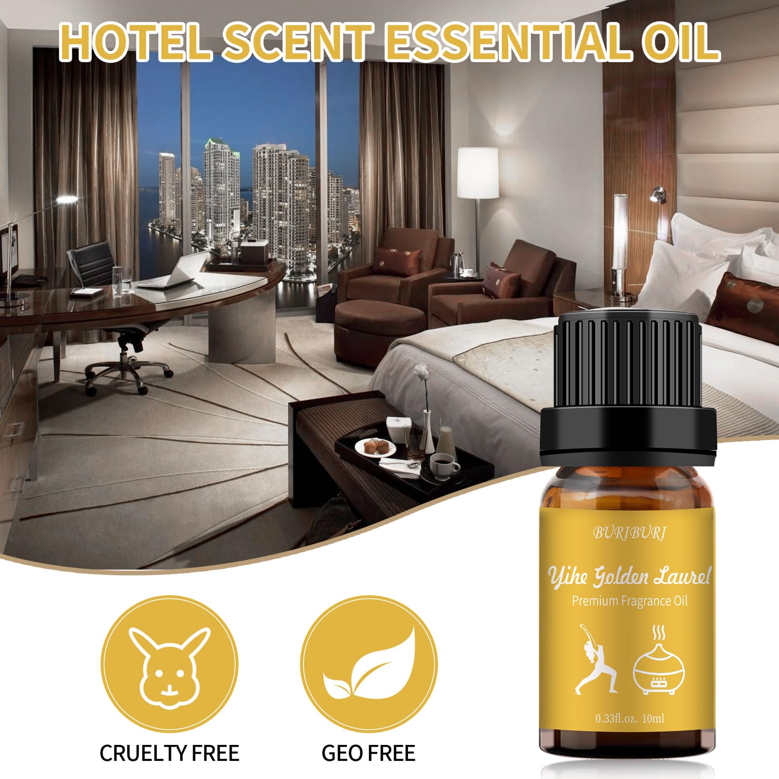 Golden Laurel diffuser oil bottle in premium hotel-inspired setting