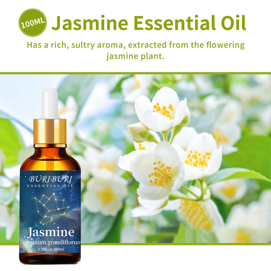 Close-up of BURIBURI Jasmine Essential Oil amber bottle