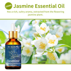 Close-up of BURIBURI Jasmine Essential Oil amber bottle