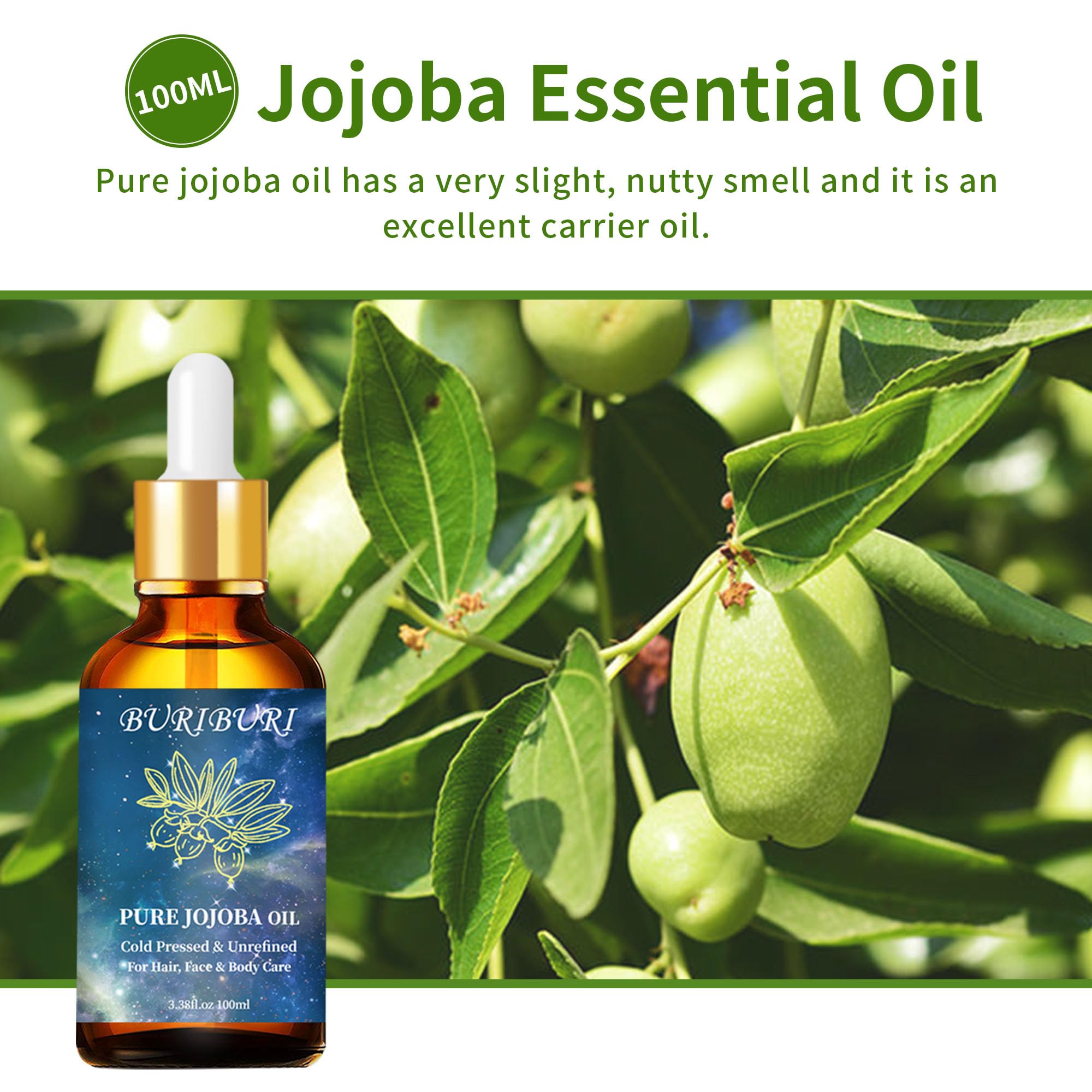 Close-up of BURIBURI 100ml amber jojoba oil bottle