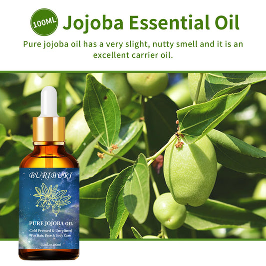 Close-up of BURIBURI 100ml amber jojoba oil bottle
