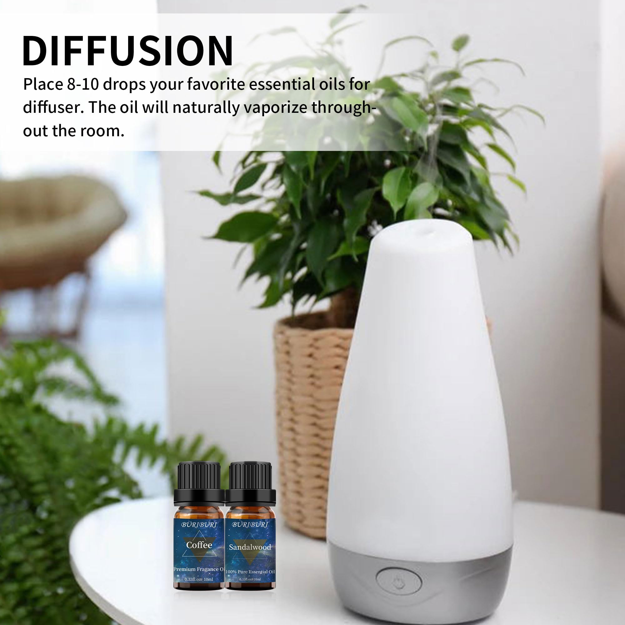 Usage options: diffuser, candle, bath, and massage with BURIBURI oils