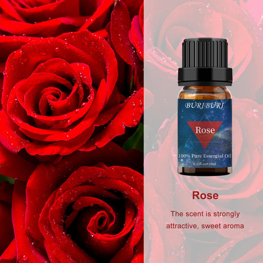 Amber glass bottle of BURIBURI Rose essential oil
