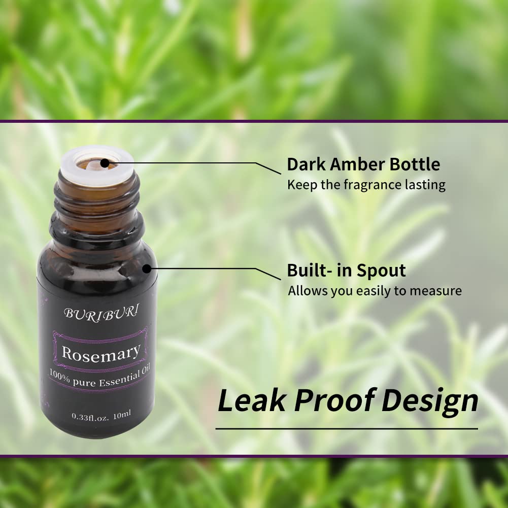 Close-up label of BURIBURI Rosemary Essential Oil