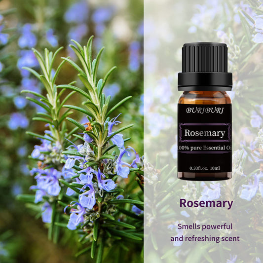 Packaging of BURIBURI Rosemary Essential Oil in amber glass