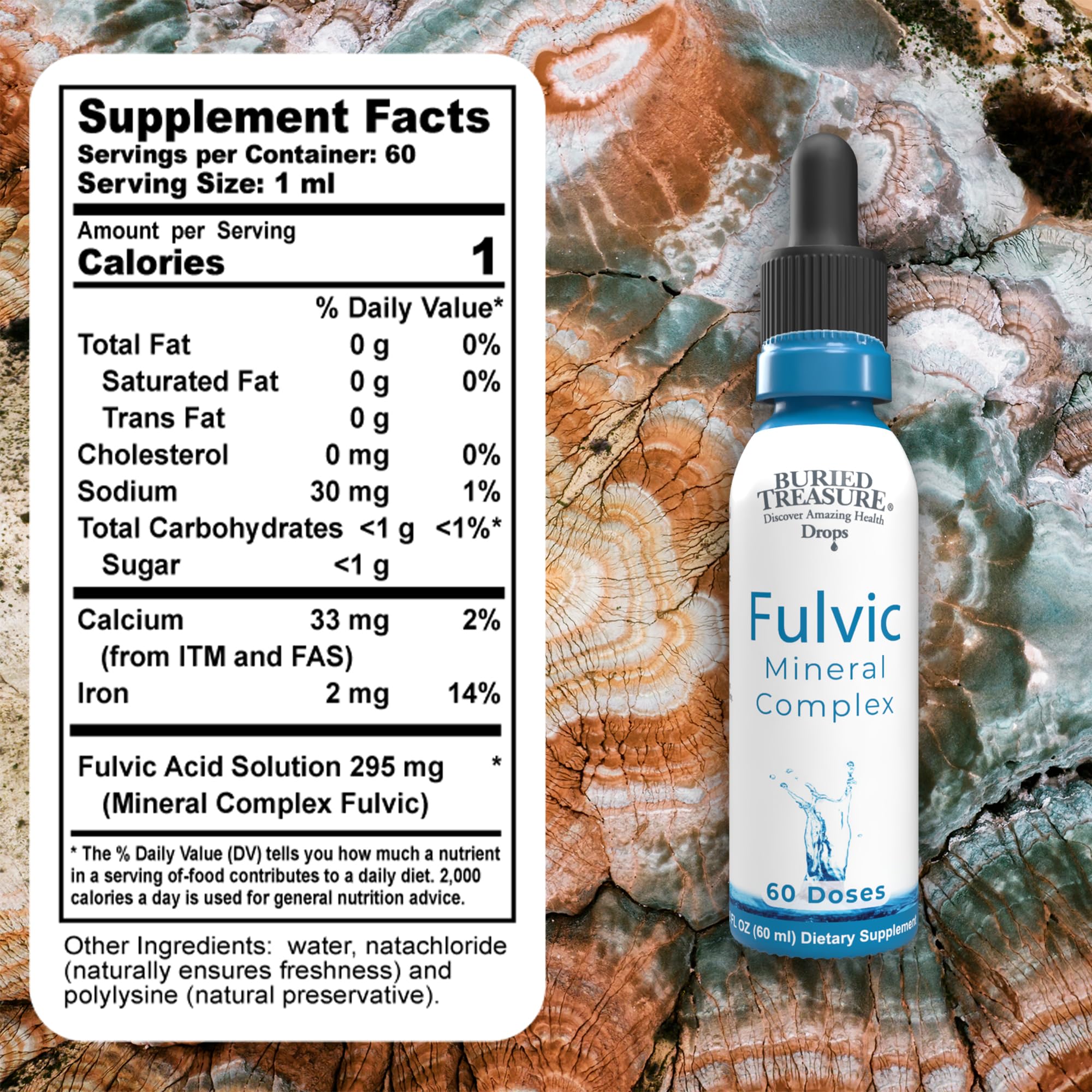 Close-up shot of Buried Treasure Fulvic Mineral Drops bottle