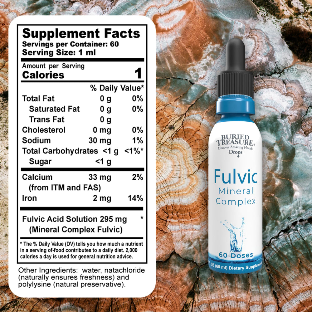 Close-up shot of Buried Treasure Fulvic Mineral Drops bottle