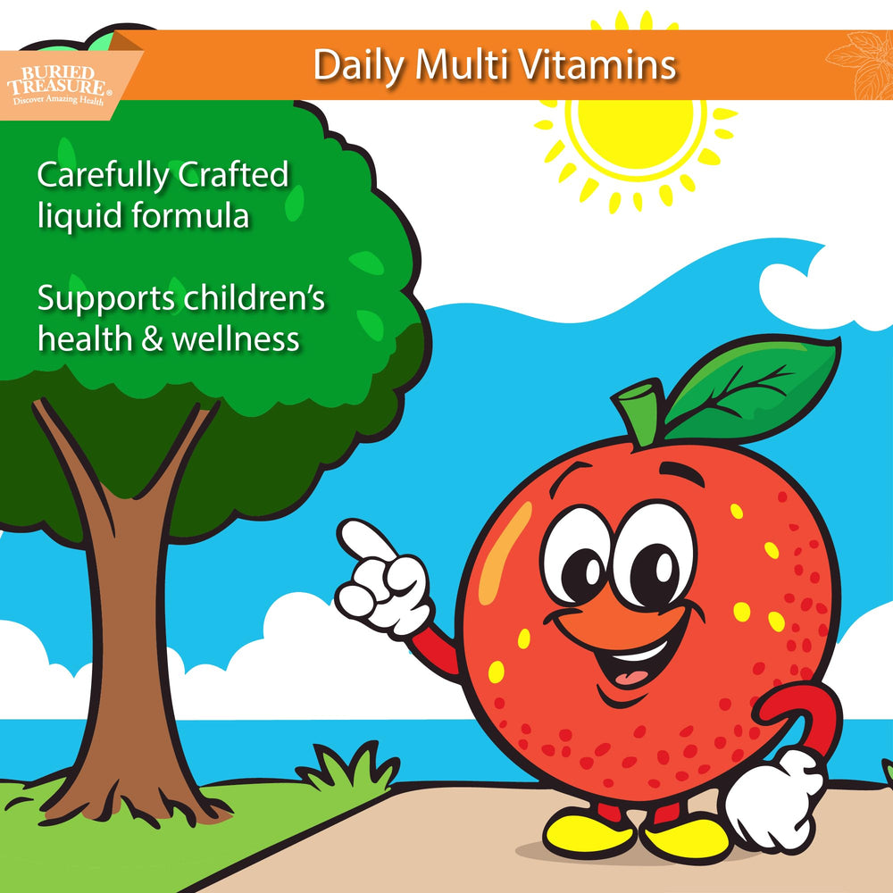 Front label showing vitamins A, C, D and B complex for kids