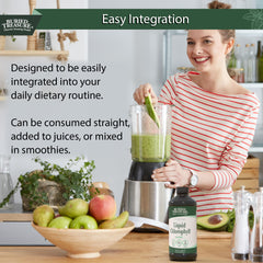 Chlorophyll supplement bottle and ingredients on white background