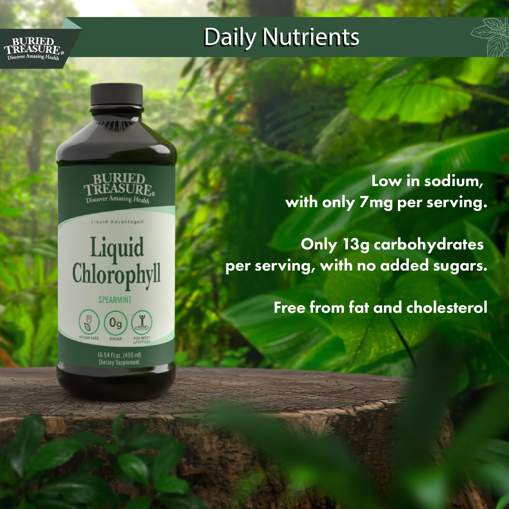 Spearmint-flavored chlorophyll liquid bottle on white surface