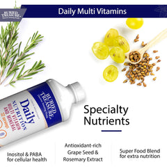Liquid multivitamin bottle highlighting liquid formula