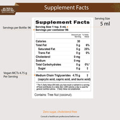 Back label of Buried Treasure MCT Coconut Oil bottle showing ingredients