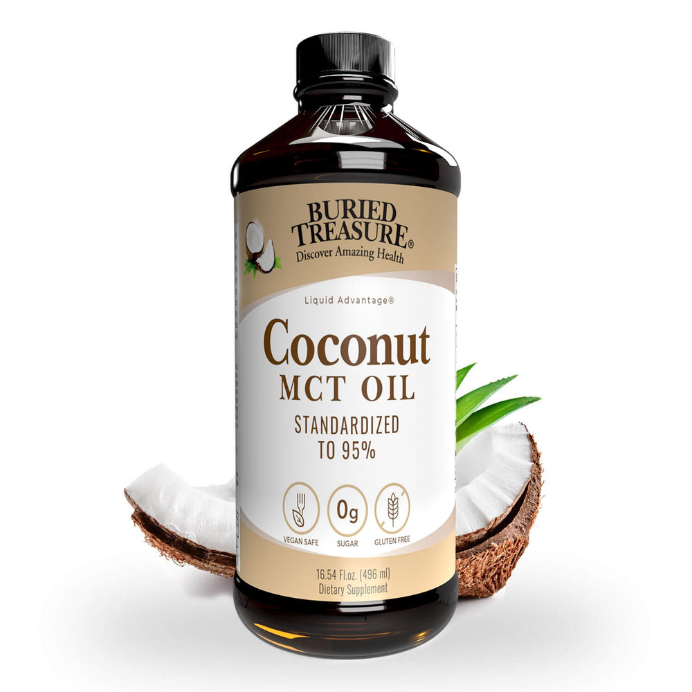 Front view of Buried Treasure MCT Coconut Oil bottle, 16.54 fl oz