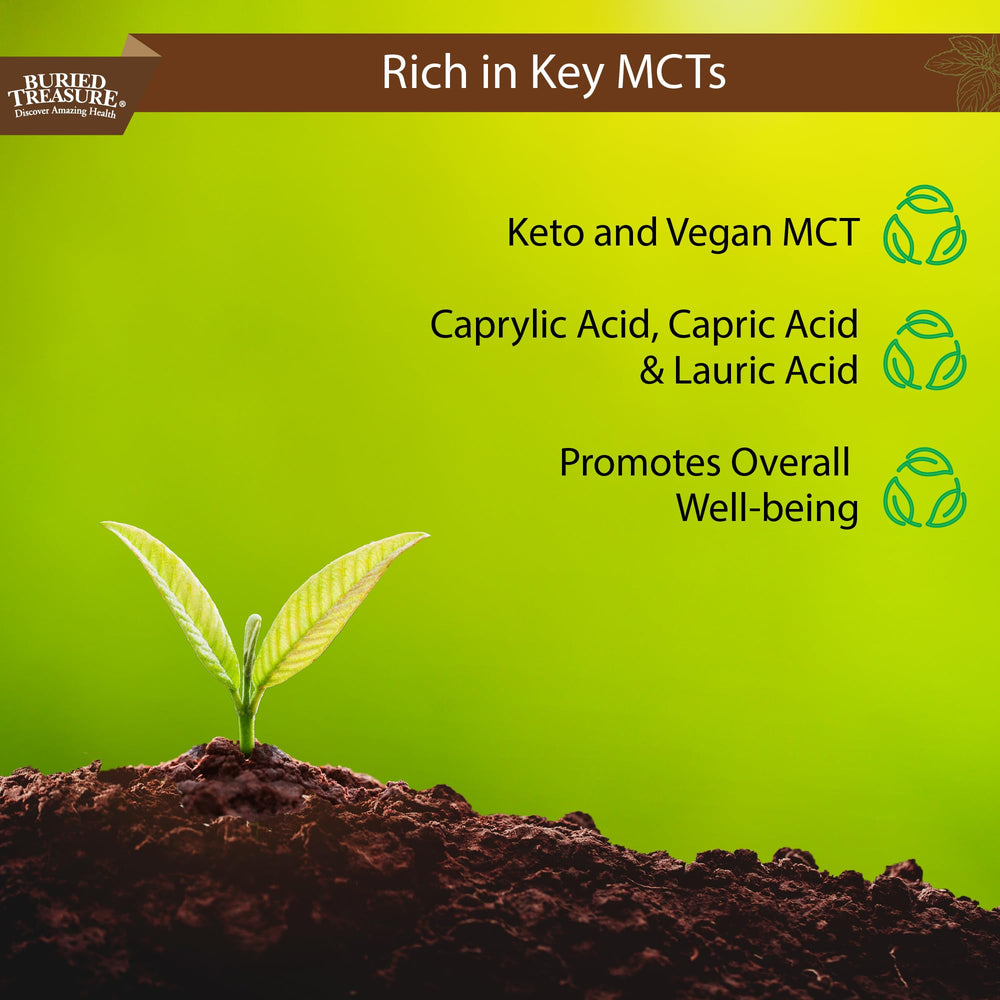 Side view of Buried Treasure MCT Coconut Oil bottle