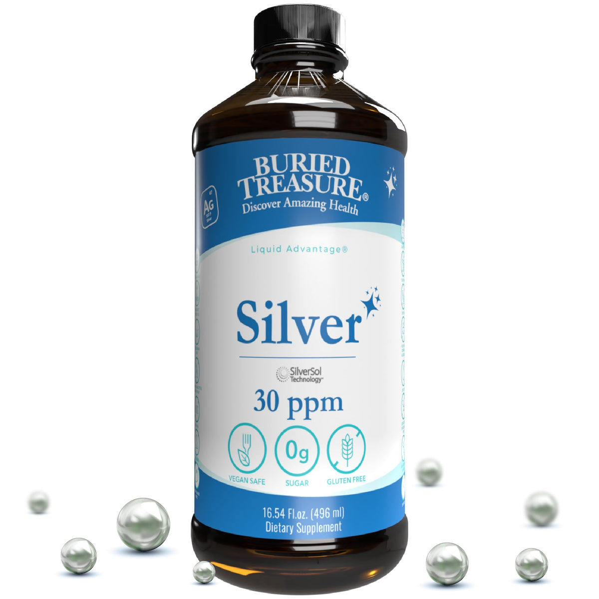 Buried Treasure Silver Liquid 30 PPM 16 oz bottle front view