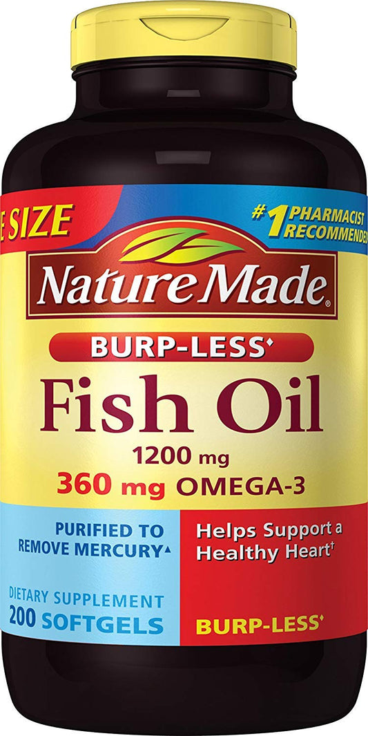 Burp-Less Fish Oil 1200 mg bottle with 200 softgels