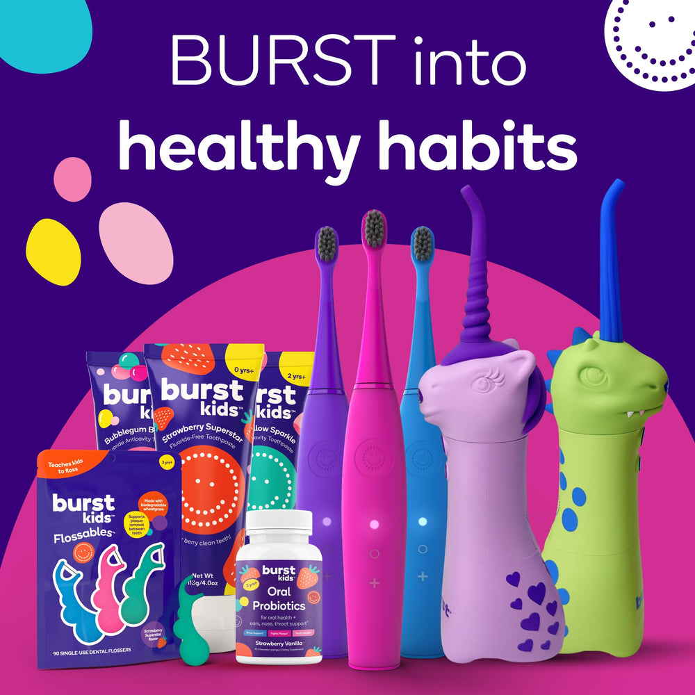 Child brushing teeth with BURST Bubblegum Bonanza toothpaste